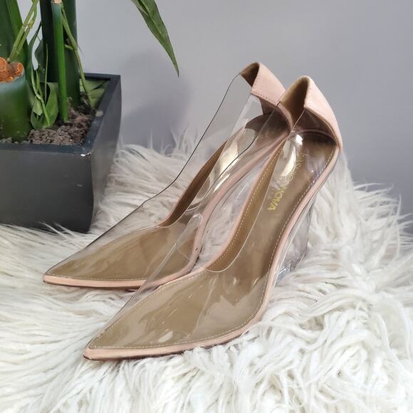 Fashion Nova Clear Tan Pointed Toe Wedge Heels 10 - Picture 1 of 11